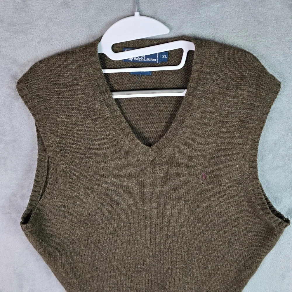 Polo Ralph Lauren Mens XL Lambswool V-Neck Sweater Vest Olive Brown Heather Pony
